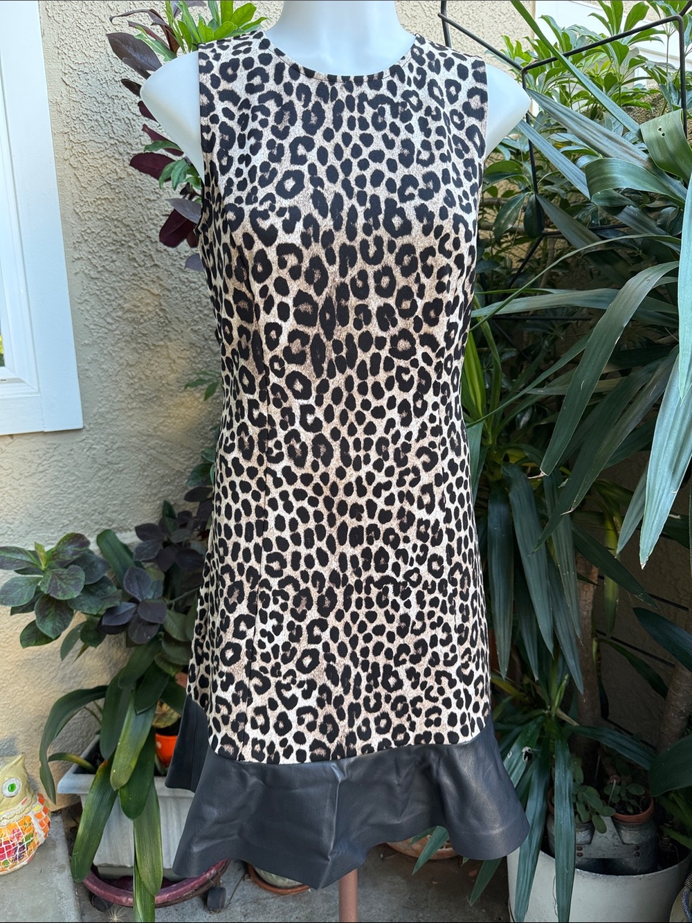 New Michael Kors Leopard Print Sleeveless Dress with Black Faux Leather Hem